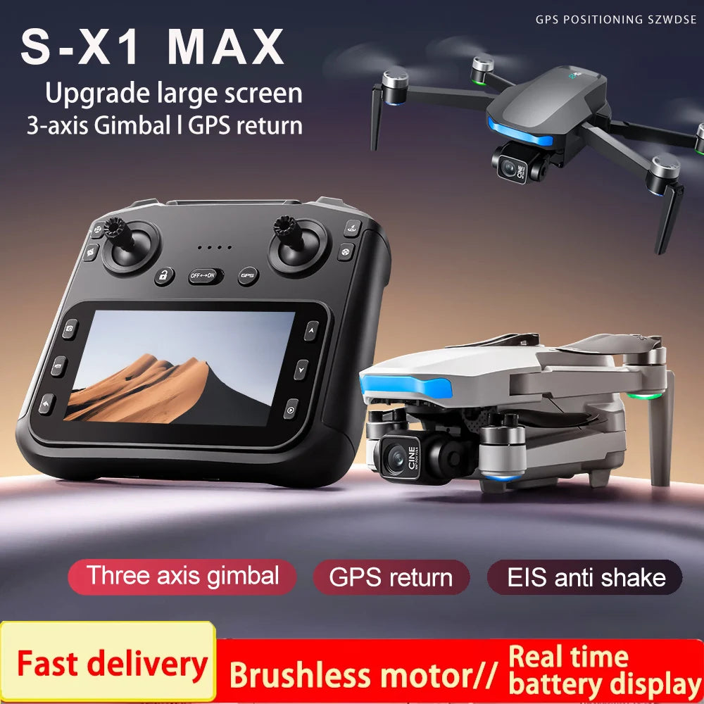 Drone S-X1 MAX GPS 4K com Gimbal 3 Eixos, Brushless e Controle com Tela — Volar